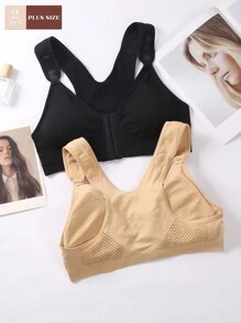 2pcs Seamless Plus Size Women Underwear, Wire-Free Adjustable Shoulder Strap, Comfy Hollow Mesh Front Button Decorated Bralette