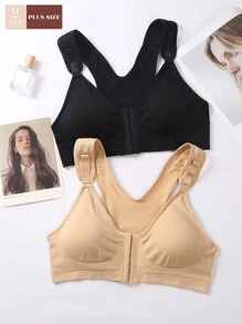 2pcs Seamless Plus Size Women Underwear, Wire-Free Adjustable Shoulder Strap, Comfy Hollow Mesh Front Button Decorated Bralette