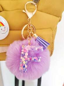 Initial Letter Keychain Pendant Resin Letter Keychain Wallet Backpack Accessory, Purple Fur Ball And Letters, Is The Best Gift For Family And Loved Ones, Letters A-Z Are Available For Selection, Fashionable Items, Alphabet Pendant For Bags - Purple - View 18