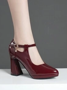 Giày cao gót đế xuồng cho nữ, quai mắt cá chân, giày cao gót đế thô màu hồng, mơ, nude, đỏ tía, đen, trắng, đỏ, bạc, vàng, giày cao gót da bóng thời trang cho nữ - Màu Đỏ Sâu - Xem 4