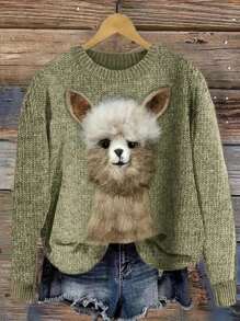 3D Animal Print Sweater, Casual Comfortable Soft Round Neck Long Sleeve Women Pullover Sweater, Alpaca Print, Christmas Holiday Gift, Versatile For Indoor And Outdoor Wear, Loose Random Print Sweater