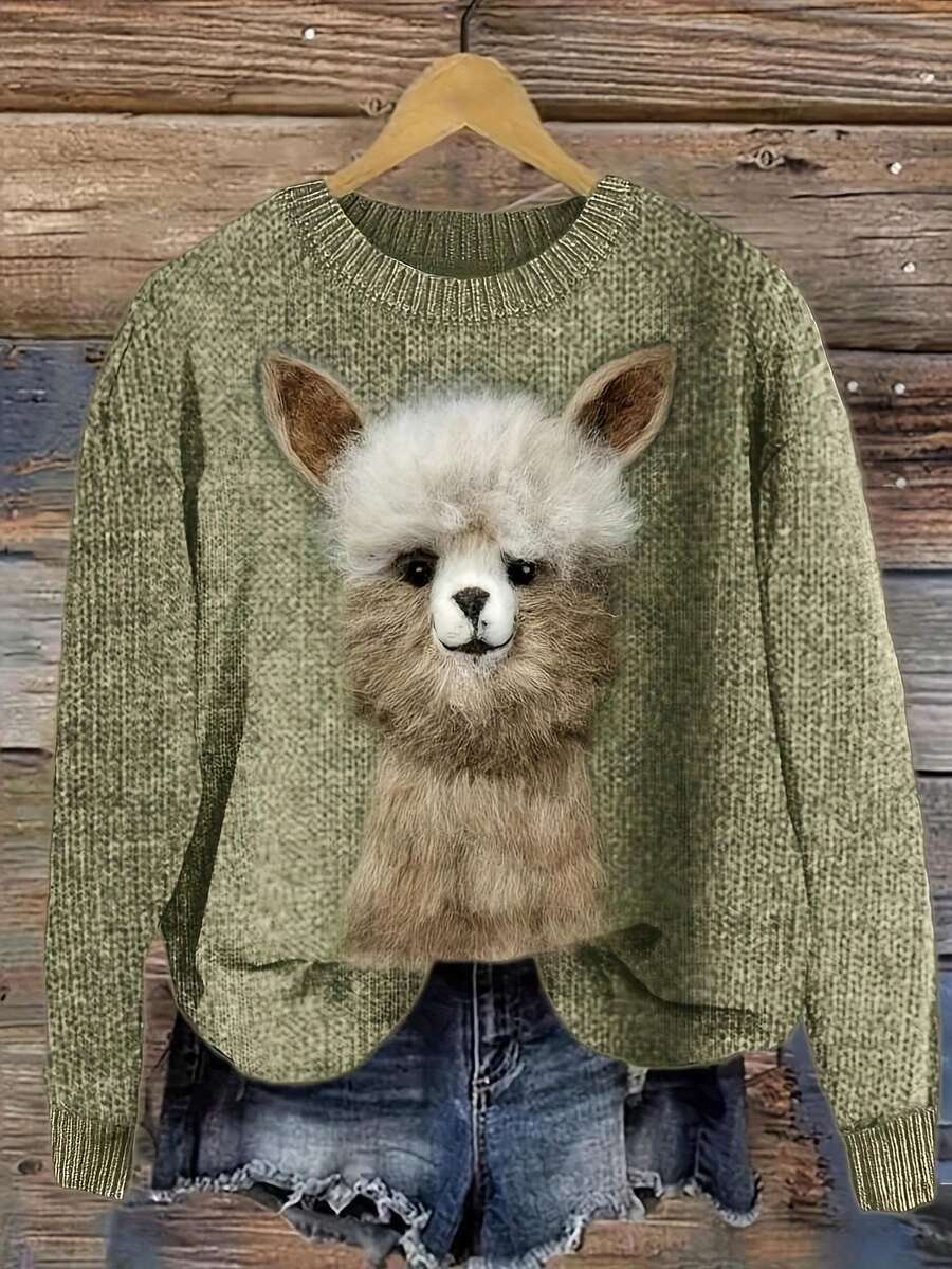 3D Animal Print Sweater, Casual Comfortable Soft Round Neck Long Sleeve Women Pullover Sweater, Alpaca Print, Christmas Holiday Gift, Versatile For Indoor And Outdoor Wear, Loose Random Print Sweater