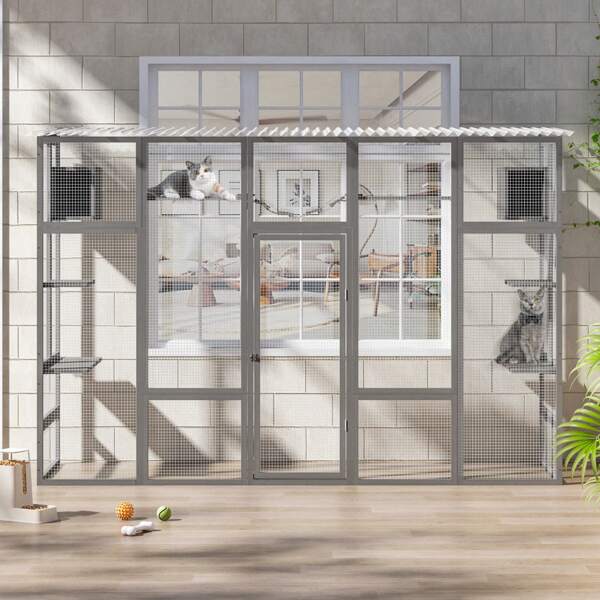 Outdoor Cat Catio, Large Wood Cat House Playpen W/ Scratcher, Shelves, Bridge, Condos, Sunshine Roof, Window Cat Enclosure For Multiple Kittens, Patio