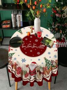 1pc Christmas Theme Decor Rectangle/Round Polyester Waterproof Tablecloth