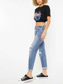 Women's Casual Straight Jeans Street Mid-Waisted Distressed Boyfriend Denim Pants Light Wash Ripped Details Rolled Hem Relaxed Fit Perfect For Spring/Summer/Fall Everyday Wear - 淺色水洗藍 - 查看 3