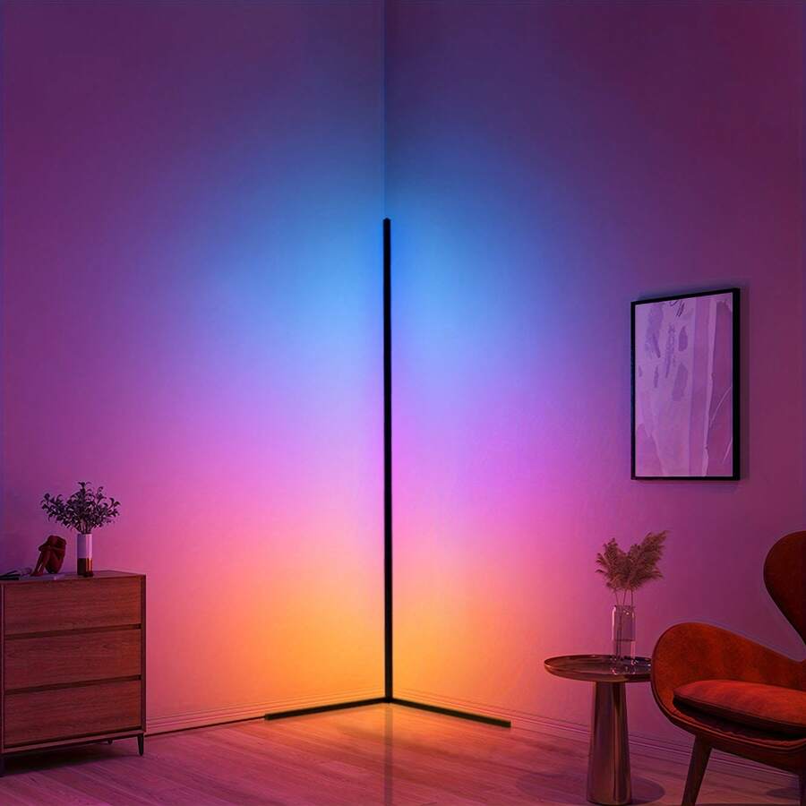 1pc RGBCW LED Corner Floor Lamp, Minimalist Dimmable Mood Lamp, 57 Inch Standing Tall Lamp, Remote Control For Living Room, Bedroom, Home Office, Party, Lighting And Home Decor, 3000K-6000K Warm White Light - 黑色燈架 - 查看 1
