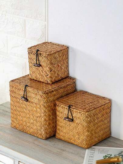 1 hộp đựng đồ đan bằng cỏ biển có nắp đậy, giỏ đựng đồ trang trí để bàn, hộp đựng đồ dùng gia đình, giỏ đựng đồ ăn nhẹ đan lát, giải pháp lưu trữ bằng sợi tự nhiên cho phòng ngủ, phòng khách, nhà bếp, phòng đựng thức ăn, giỏ mây thủ công có tay cầm
