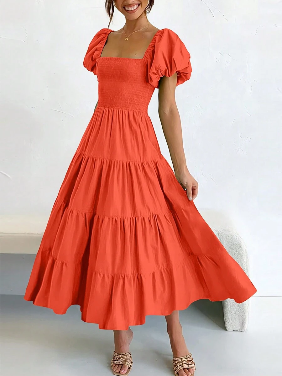 Women's Summer Casual Midi Dress Puffy Short Sleeve Square Neck Smocked Tiered Ruffle Graduation Dresses - 橘色 - 查看 1