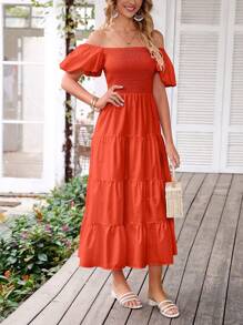 Women's  Summer Casual Midi Dress Puffy Short Sleeve Square Neck Smocked Tiered Ruffle Graduation Dresses - 橘色 - 查看 4