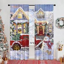 2 件圣诞窗帘红色卡车房屋带灯圣诞树彩色灯松树卧室客厅窗户装饰窗帘 2 片 - 彩色 - 查看 1