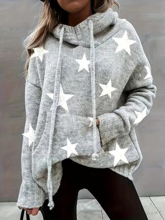 Plus Size Women's Sweater Star Pattern Long Sleeve Hoodie Casual Commuter Top Women's Clothing Relaxed Fit Lightweight Fashion For Everyday Wear Tops