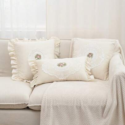 1 件天鹅绒刺绣蕾丝边装饰枕套，优雅简约仿珍珠边靠垫套，适合家居装饰、客厅沙发卧室