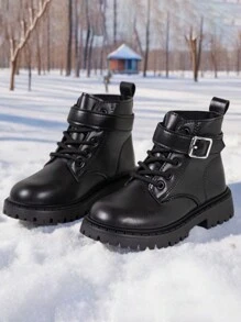 1 Pair Kids Hook And Loop Closure Round Toe Mid-Calf Platform Boots, Suitable For 4-15 Years Old, Fashionable And Comfortable For Outdoor, Casual, Festivals And All Seasons