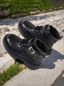 1 Pair Kids Hook And Loop Closure Round Toe Mid-Calf Platform Boots, Suitable For 4-15 Years Old, Fashionable And Comfortable For Outdoor, Casual, Festivals And All Seasons