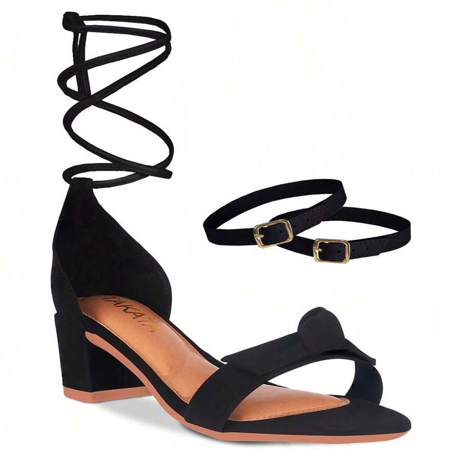 Women's Sandals With Thick Heel, Bow, Knot, And Party Tie, Promotion - 黑色 - 查看 1