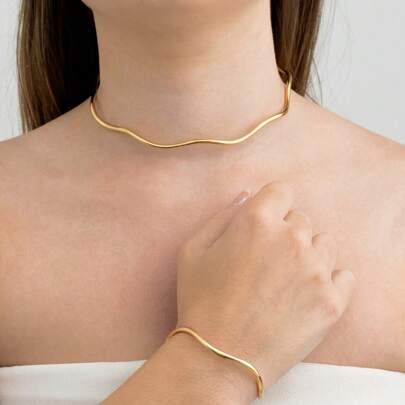 Conjunto Choker Aro e Bracelete Ondas Ajustável Banhado a Ouro 18K - D France Semijóias