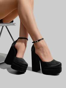 Women Platform High Chunky Block Heels Pumps Square Closed Toe Ankle Strap Solid Color Wedding Party Prom Festival Shoes - SATIN ĐEN - Xem 1
