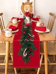 1 件亚麻桌旗，圣诞快乐桌旗，松枝圣诞图案桌布，圣诞节氛围桌旗，节日桌面装饰家居装饰，圣诞装饰 - 彩色 - 查看 4