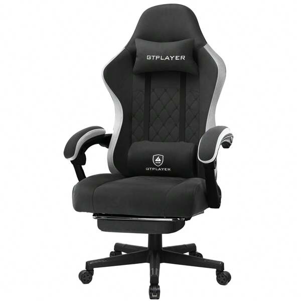Gaming Stuhl Ergonomischer Gaming Sessel Schreibtischstuhl mit Stoffoberfläche, Federsitzkissen, Verbindungsarmlehnen und Fußstütze