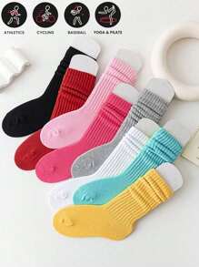 8 双女士运动户外叠袜，韩版春夏百搭羊毛袜，休闲透气简约，纯色及膝袜 - 彩色 - 查看 2