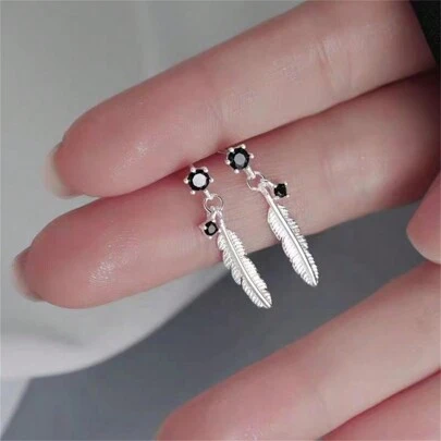 2pcs 925 Sterling Silver Feather Cubic Zirconia Stud Earrings, Elegant Daily Wear For Women