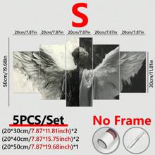 5 piezas/Juego de póster de lienzo enmarcado, pintura de alas de ángel en blanco y negro, arte de pared de lienzo, pintura de arte para regalo, dormitorio, oficina, sala de estar, cafetería, bar, decoración de pared, decoración del hogar y la residencia, pósters, arte de pared, artículos de decoración de habitación