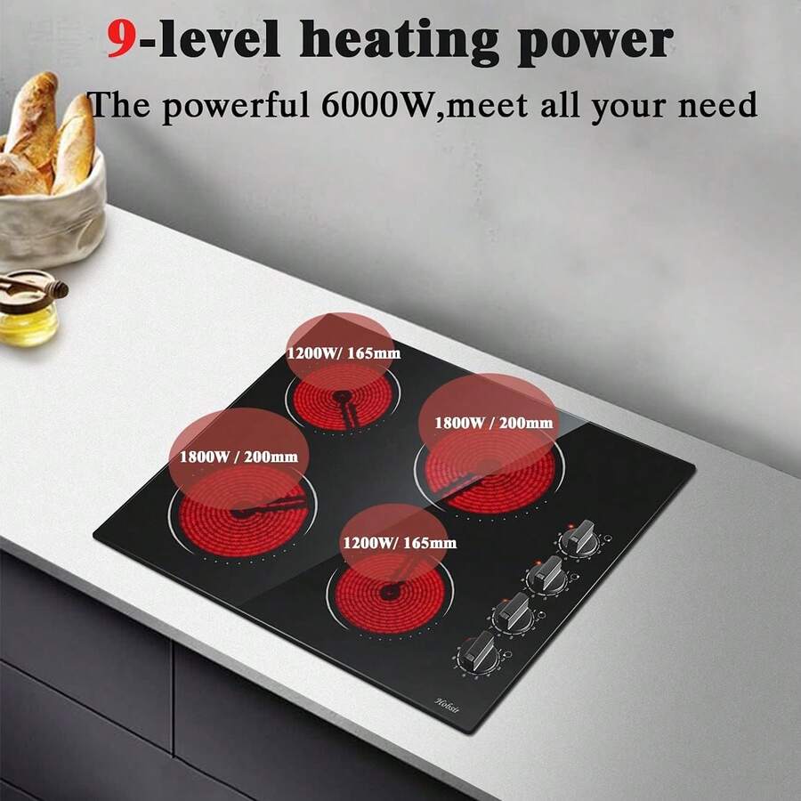 Ceramic Hob 4 Zones Electric Hob With Knobs Built In 6000W Ceramic Hob