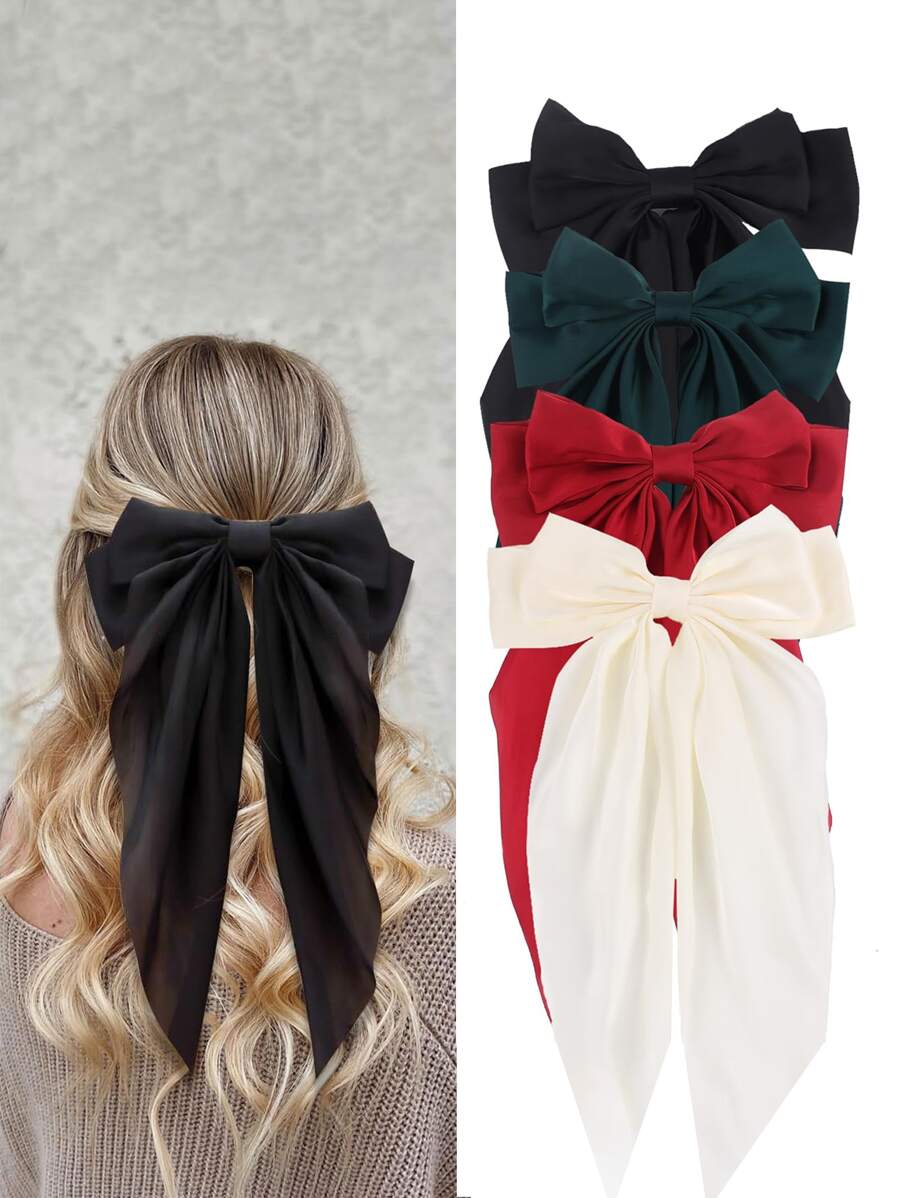 女士/女孩4件套发饰，4个大蝴蝶结发饰，丝缎材质，长尾设计，精美蝴蝶结金属发夹，适合日常、派对、旅行佩戴（黑色、米色、红色、绿色）圣诞节爪夹发卡 - 彩色 - 查看 1