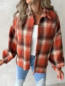 Women's Plaid Print Button Front Long Sleeve Shirt, Winter - Red - View 2