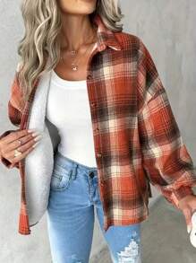 Women's Plaid Print Button Front Long Sleeve Shirt, Winter - Red - View 1