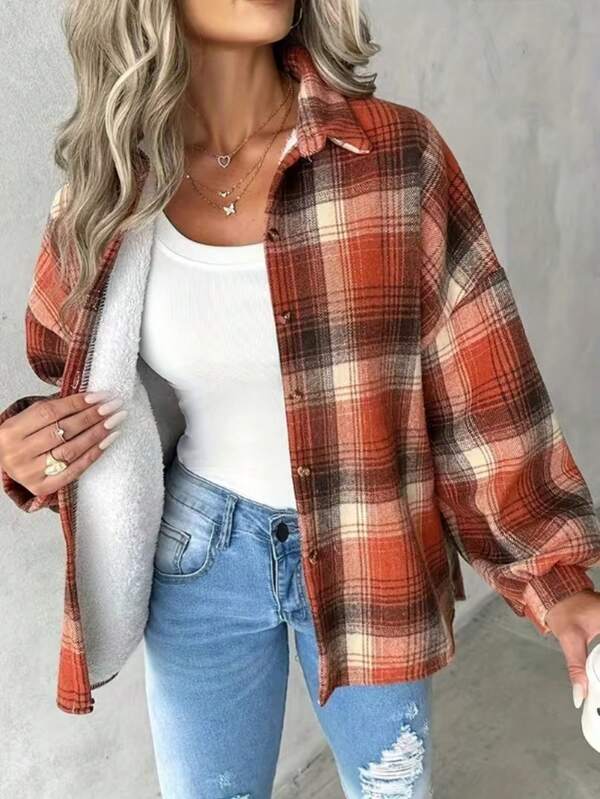 Women Plaid Print Front Button Thermal Lined Long Sleeve Shirt, Winter