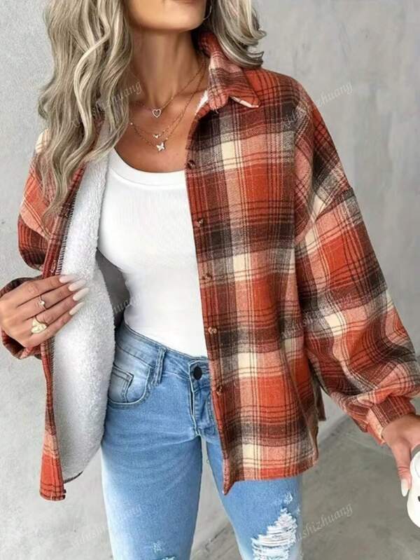 Women Plaid Print Front Button Thermal Lined Long Sleeve Shirt, Winter