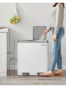 SONGMICS SONGMICS Double Compartment 2 X 30 L Rubbish Bin With 15 Bin Bags, Metal Foot Pedals, 2 Internal Plastic Buckets, Lids, Handles, Soft Close, White And Grey