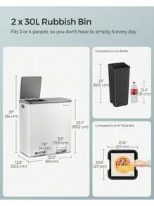 SONGMICS SONGMICS Double Compartment 2 X 30 L Rubbish Bin With 15 Bin Bags, Metal Foot Pedals, 2 Internal Plastic Buckets, Lids, Handles, Soft Close, White And Grey