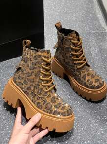 Giày bốt đính đá Rhinestone dành cho nữ, giày bốt thời trang cao cấp có lớp lót ấm áp, giày bốt ngắn ống thấp, bộ sưu tập thu đông mới 2024 - Màu da báo - Xem 5