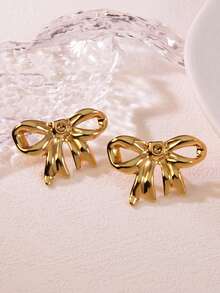 1 对优雅缎面蝴蝶结风格不锈钢耳环，适合女性在宴会或约会时佩戴，或作为情人节礼物 - HQ6001 - 查看 5