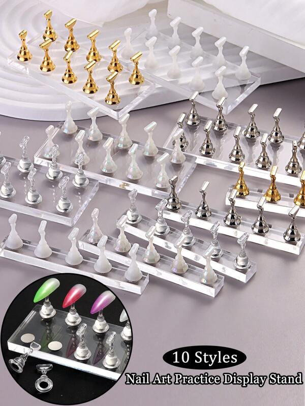 1 Set Magnetic Nail Holder Acrylic Display Stand Single Double Row Transparent Base Gold Silver Transparent Aurora White Nail Stand Display Stand Nail Art Practice Tool Suitable For Novice Manicure Salon Use DIY