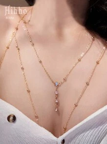 Hihho 1 件时尚性感比基尼项链，带锆石和珠子，腰链，欧美沙滩身体链，适合女性 - 金黃色 - 查看 2