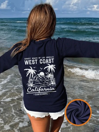 1 件女童休闲趣味椰子树印花圆领长袖 T 恤，宽松版型，学生装，2024 年秋冬