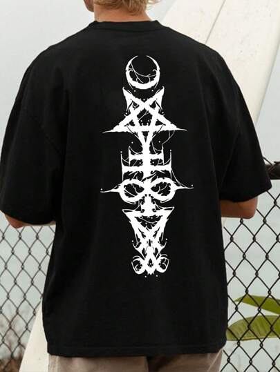 男士透气轻薄夏季上衣，月亮五角星印花圆领涤纶短袖休闲T恤