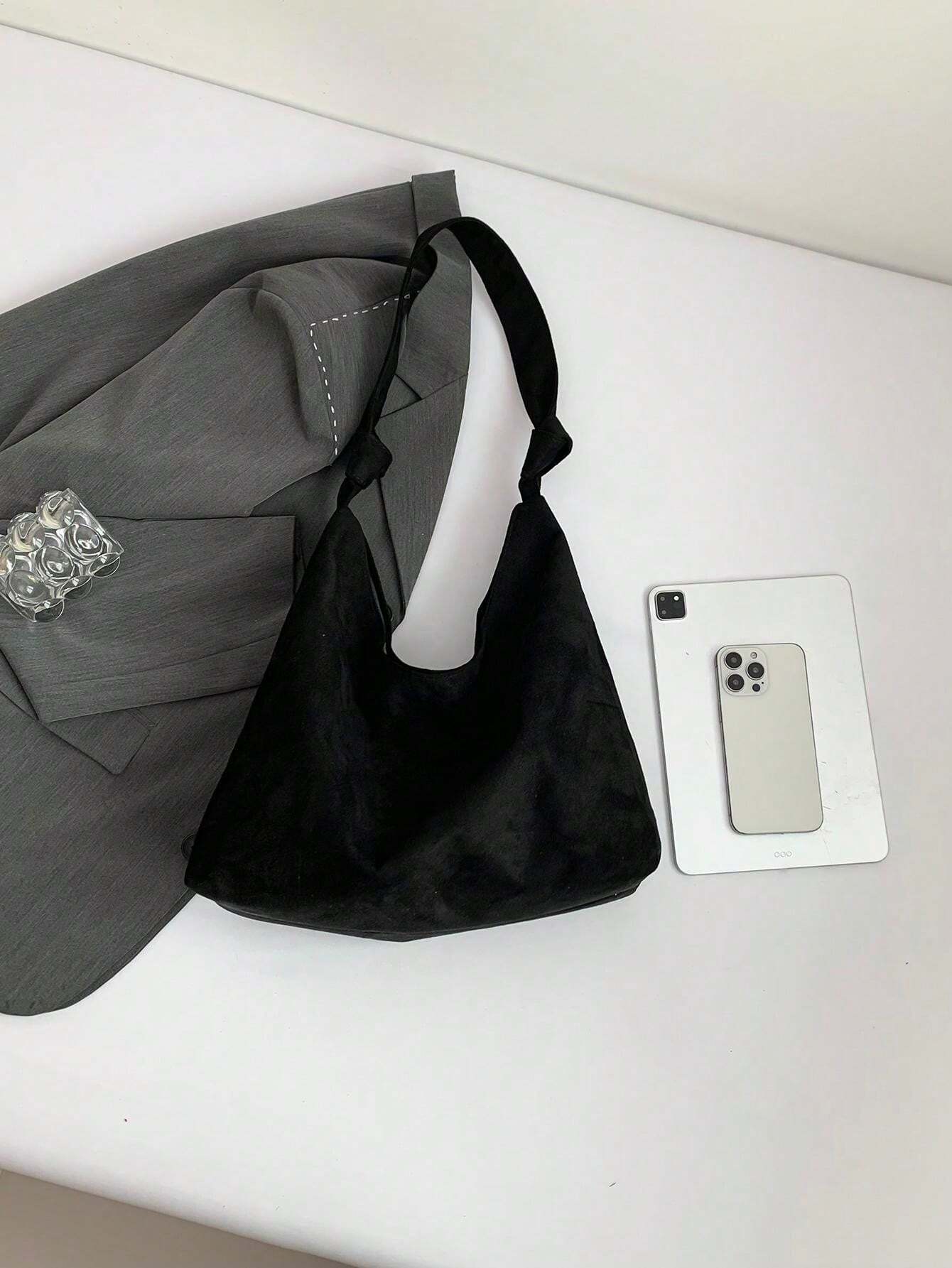 Retro Suede Large Capacity Drawstring Strap Decor Casual Tote Bag