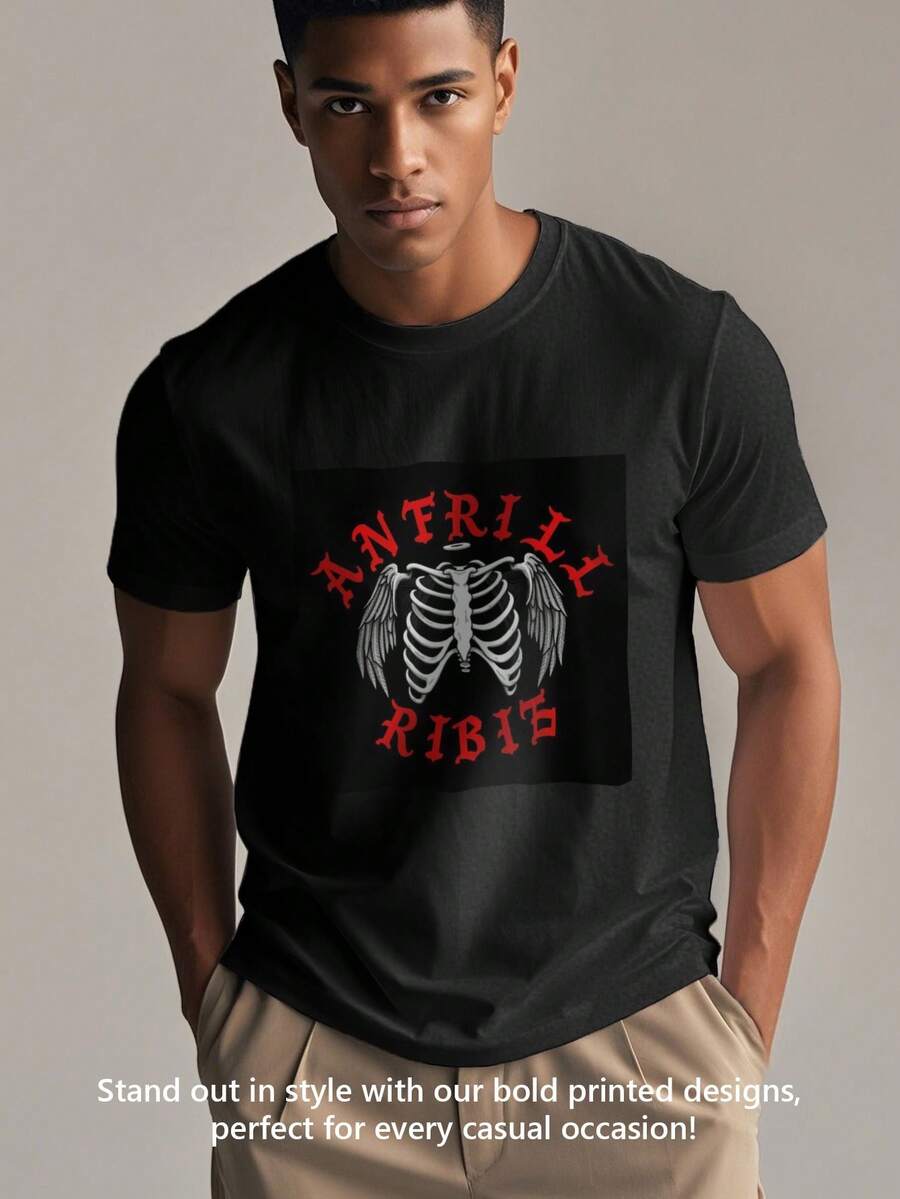 Men's Print Short Sleeve T-Shirt, MADE IN USA, Fast Shipping, Black & White Shirt, 150gsm Shirt, Breathable & Comfortable Casual Sports Fitness Tee, Beach Holiday Round Crew Neck Short Sleeve Knitted Casual T-Shirt, Summer Tee - 黑色 - 查看 1