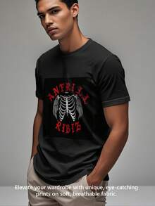 Men's Print Short Sleeve T-Shirt, MADE IN USA, Fast Shipping, Black & White Shirt, 150gsm Shirt, Breathable & Comfortable Casual Sports Fitness Tee, Beach Holiday Round Crew Neck Short Sleeve Knitted Casual T-Shirt, Summer Tee - 黑色 - 查看 3