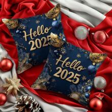 1pc 17.7"X17.7" (45x45cm) Merry Christmas 2025 New Year Blue & Gold Christmas Text Throw Pillow Cover (Single-Sided Print), Home Decor Cushion For Sofa, Bed, Car - Fuzzy Peach Velvet (Pillow Insert Not Included), Suitable For Daily Use, High-End Minimalist Self-Use, Living Room, Sofa, Bedroom, Car Decorative Pillow Case