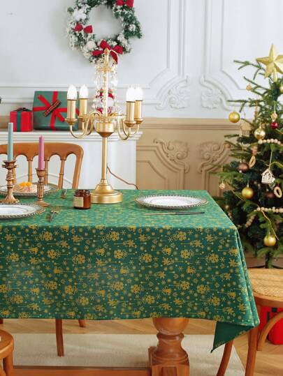 1 szt. Świąteczny zielony prostokątny obrus z metalicznym wzorem dzwonków, jesienno-zimowy wystrój domu, odporny na kurz i ciepło do kuchni, jadalni, imprezy, dekoracji świątecznych, Nowego Roku