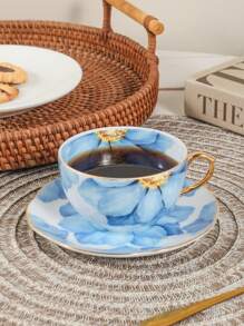1 zestaw wysokiej jakości ceramicznej filiżanki do kawy i spodka, kwiat lotosu, złota krawędź, nadaje się do użytku w domu, kawiarni i jako prezent do szkoły