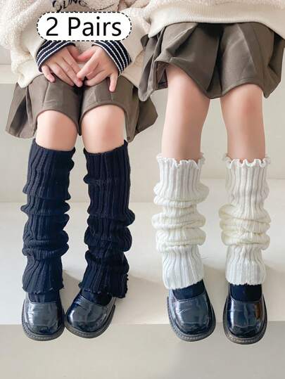 2 双针织腿套/腿套，罗纹设计，适合儿童和青少年，纯色（白色、黑色、卡其色），可爱时尚，适合日常穿着和送礼，四季皆宜
