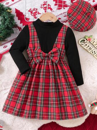 Young Girl Christmas Element Patchwork Red Plaid Bow Decor Long Sleeve Dress With Beret Hat, Autumn/Winter