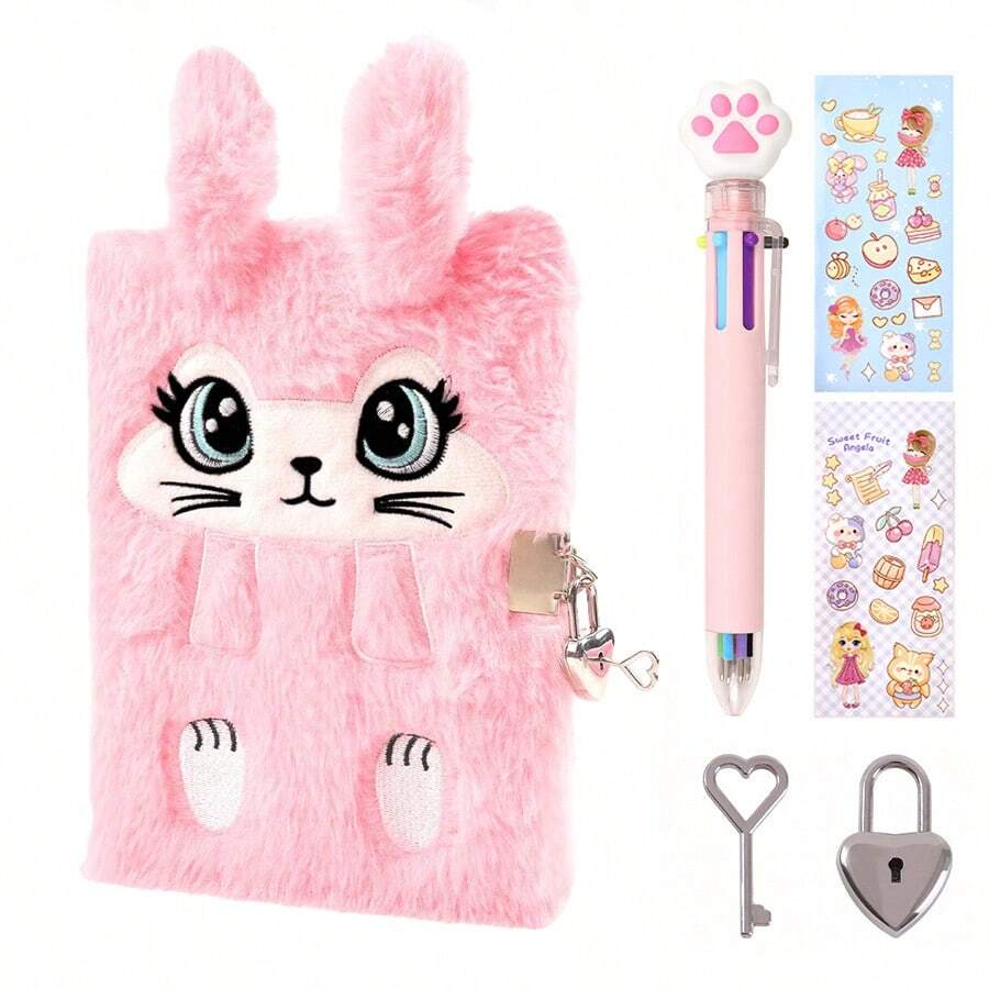 Nhật ký thỏ bông quyến rũ có khóa cho bé gái, Bộ sổ tay bí mật bằng vải nhung có dán ngẫu nhiên, Quà tặng cho Giáng sinh, sinh nhật và mùa học, Nhật ký bí mật viết và vẽ, Đồ dùng học tập - Hồng - Xem 1