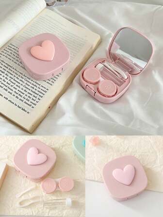 1pc新年立体心形酒红色大气隐形眼镜伴侣盒护理盒收纳盒美瞳隐形眼镜盒甜心马卡龙色方形爱心便携镜可爱隐形眼镜伴侣盒粉色